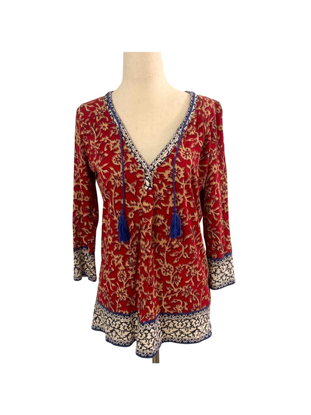 Lucky Brand Boho Floral Tunic Top XS Red Blue Tassel Tie V Neck Long Sleeve
